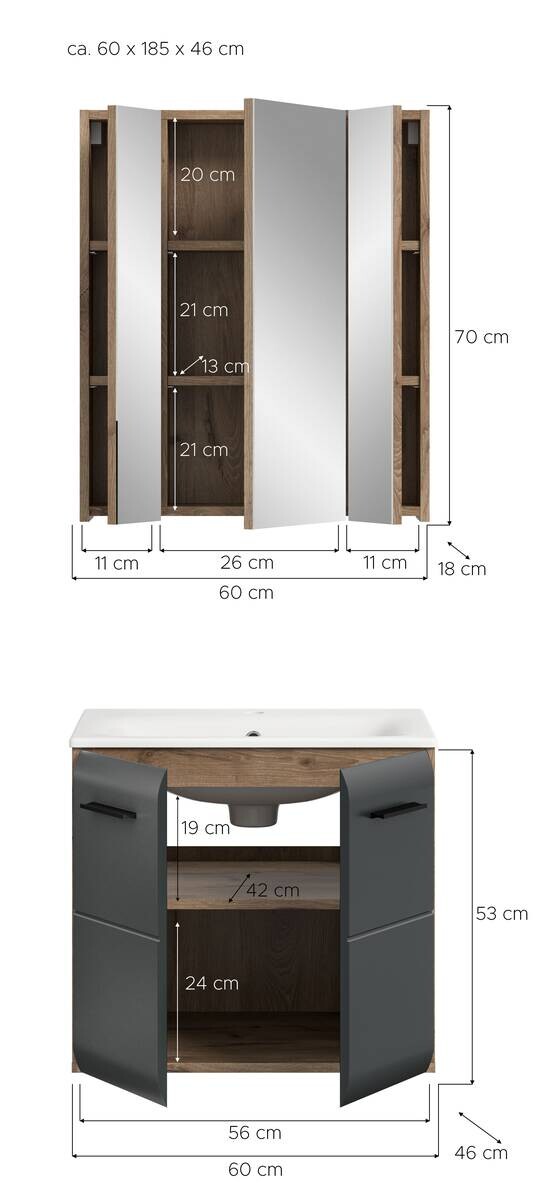Badezimmer-Set Ice Nox Oak Nachbildung schwarz matt B/H/T: ca. 60x185x46 cm