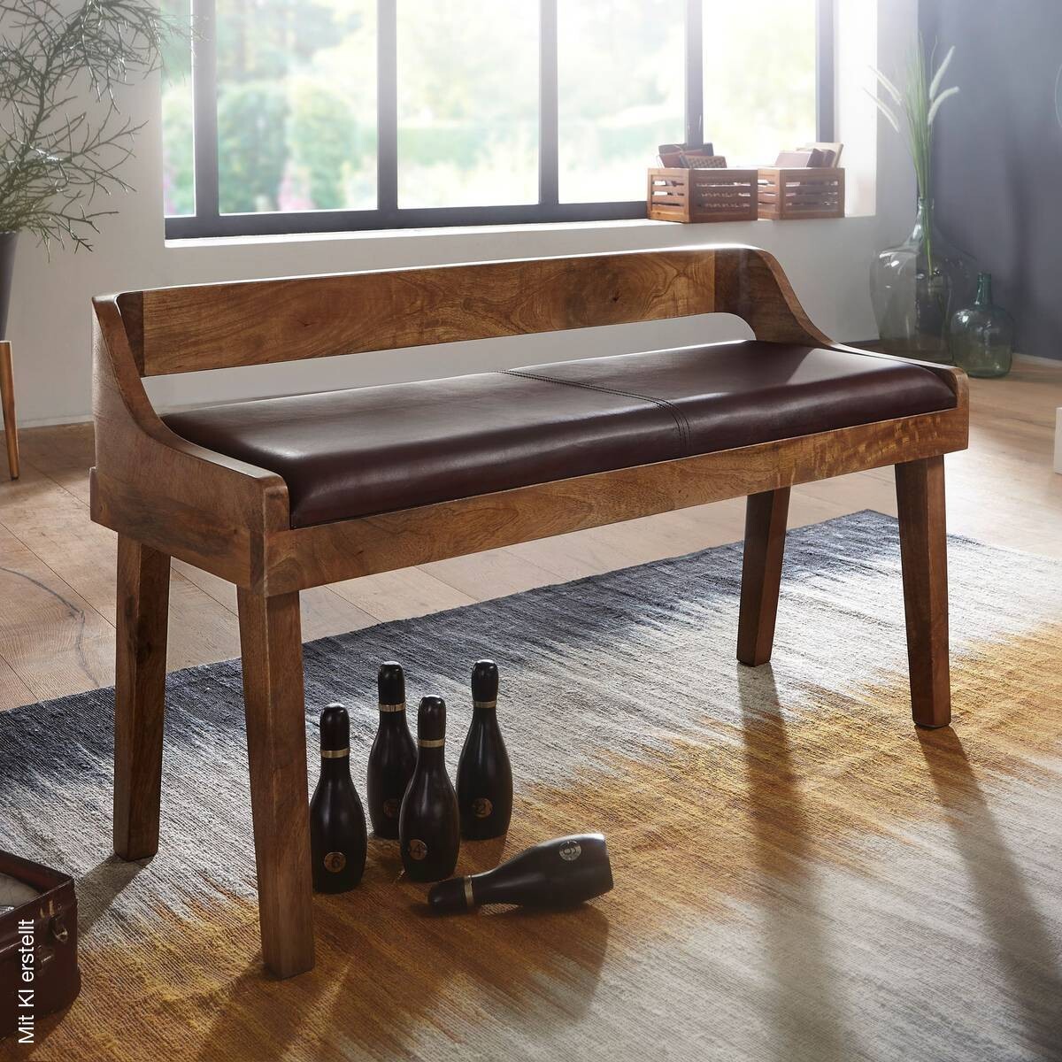 Wohnling Sitzbank dunkelbraun natur Leder Echtholz B/H/T: ca. 108x63x43 cm