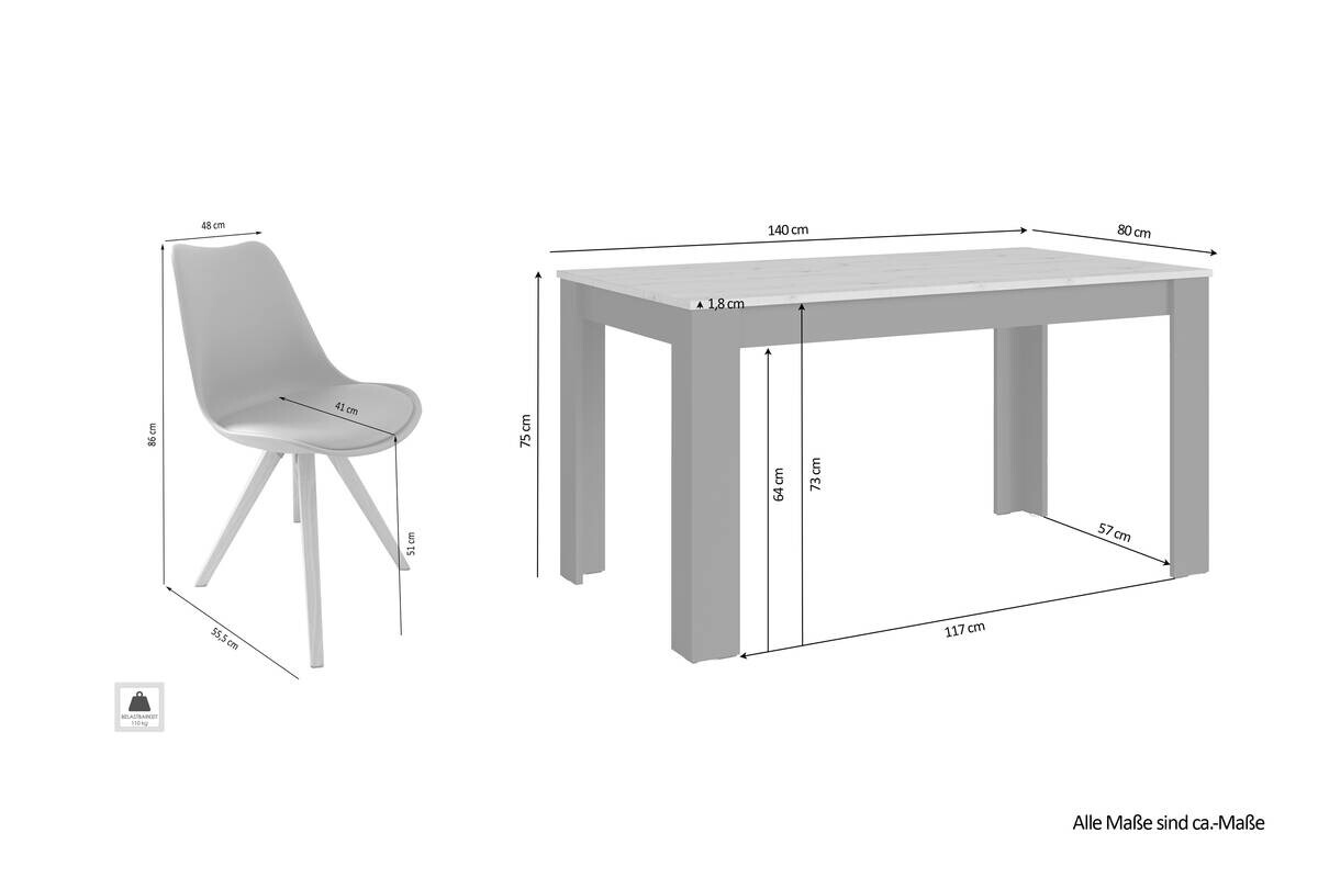 Tischgruppe KIRA weiß Eiche B/H/T: ca. 140x75x80 cm