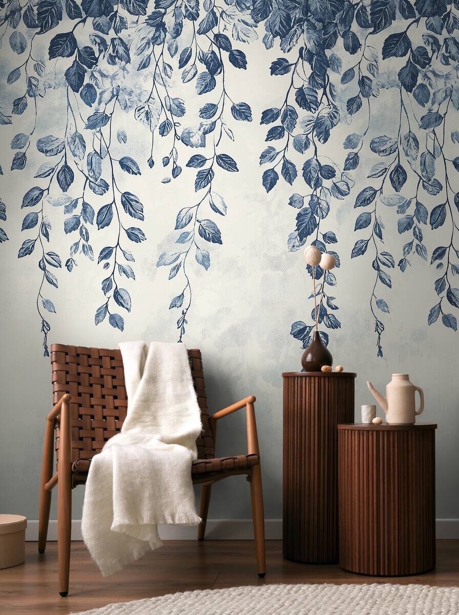 Livingwalls Fototapete Blätter creme weiß blau B/L: ca. 280x159 cm