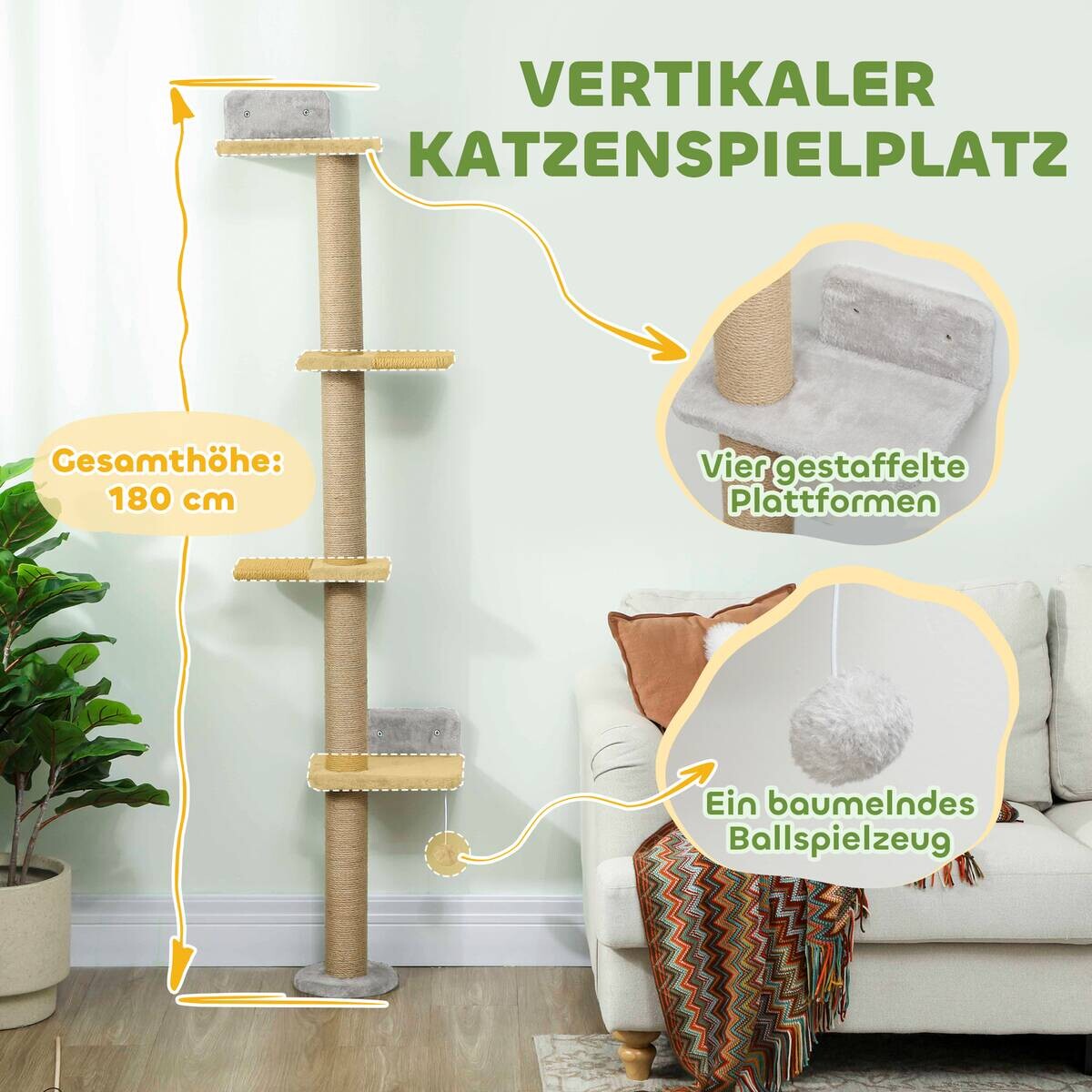 PawHut Kratzbaum hellgrau Spanplatte B/H/L: ca. 21x180x48 cm