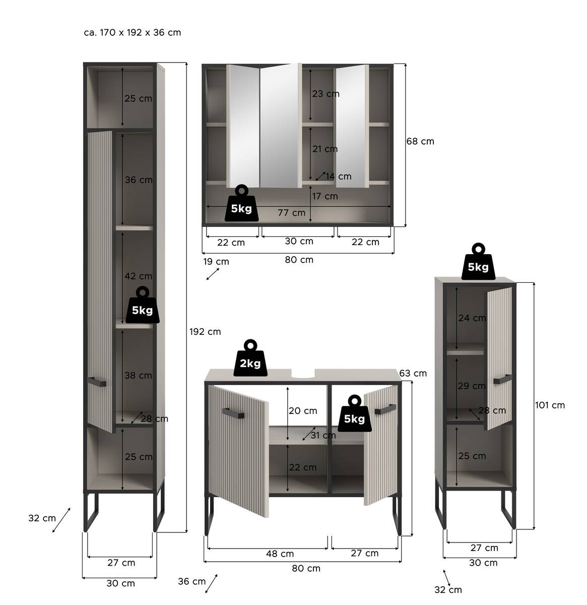 Badezimmer-Set BAGNO schwarz Kaschmirgrau Nachbildung B/H/T: ca. 170x192x36 cm
