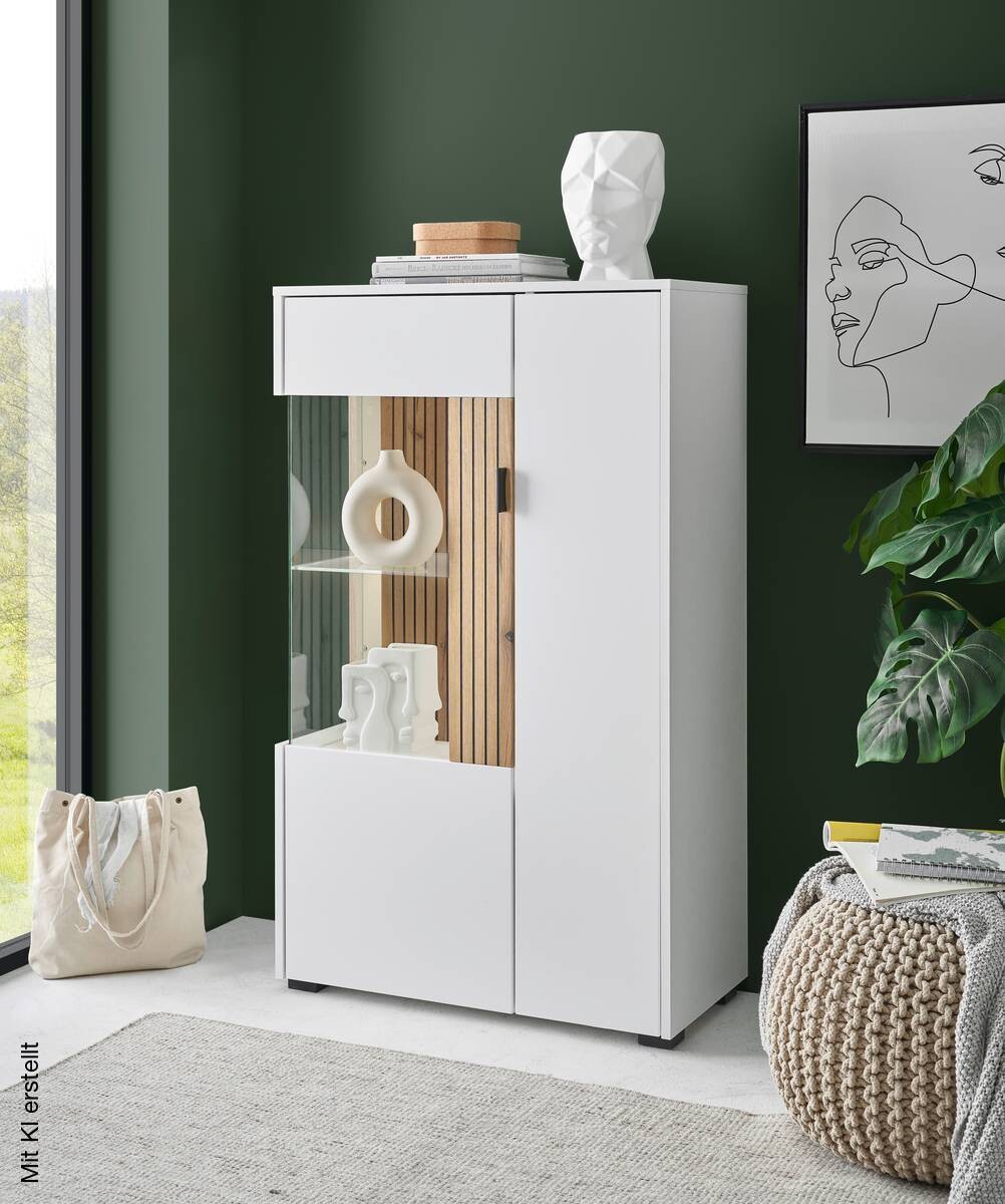 Vitrine Hudson weiß matt Eiche Evoke Coast Nachbildung B/H/T: ca. 75x125x38 cm