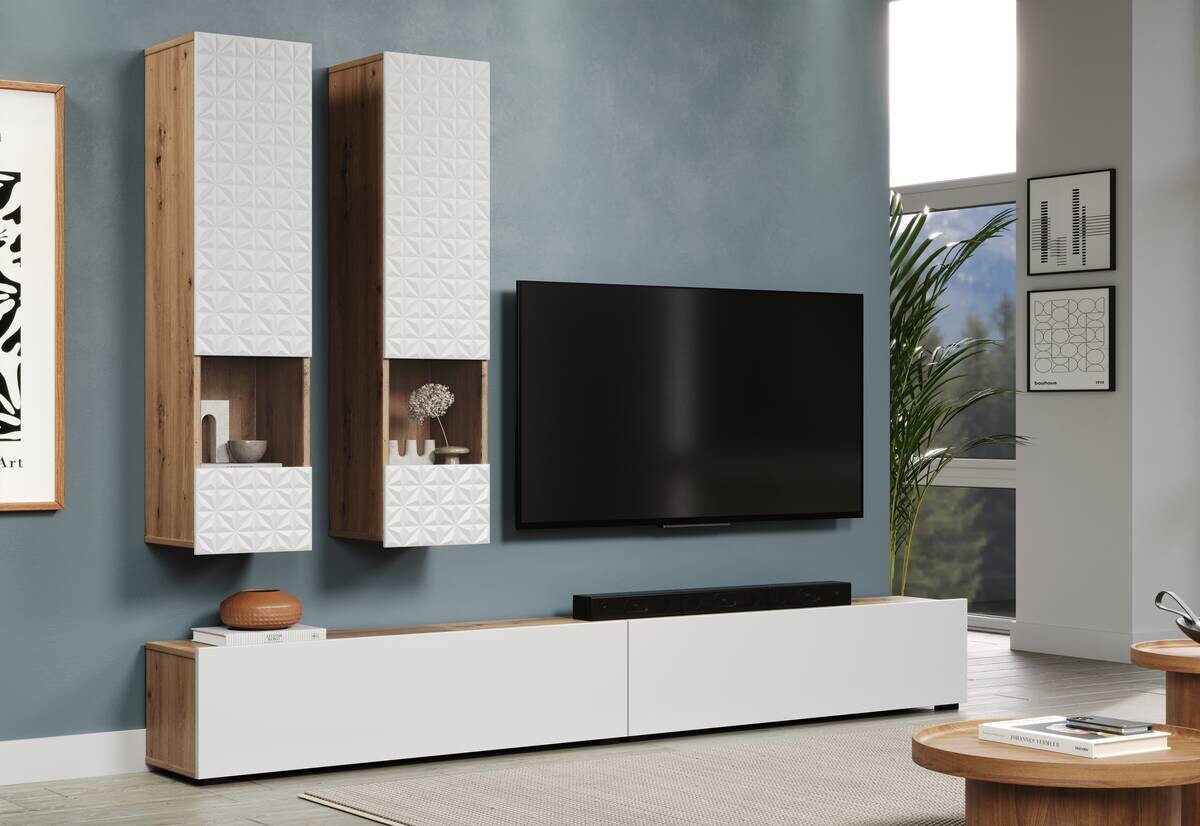 Wohnwand Rezzo weiß Oak Artisan Nachbildung B/H/T: ca. 241x200x30 cm