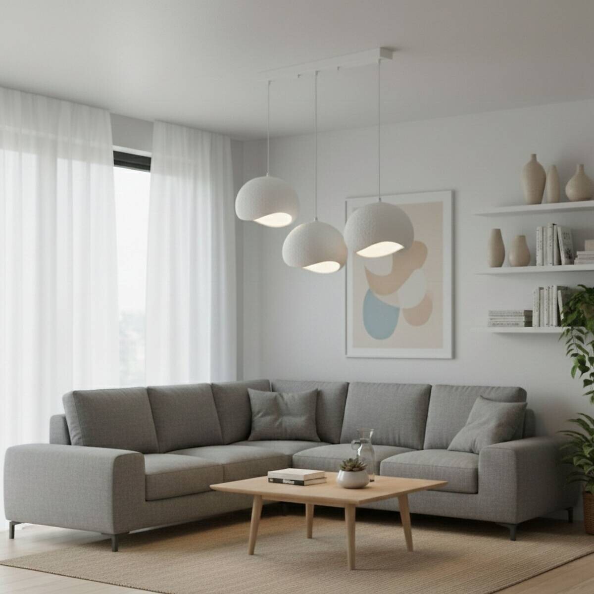 Opviq Pendelleuchte Yontu-15853-A weiß Metall Polyester-Mischgewebe B/H/L: ca. 29x120x34 cm E27 3 Brennstellen