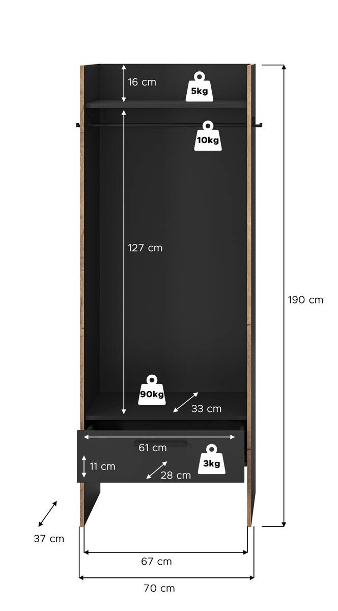 Garderobenschrank Bueno Basalt Nox Oak Nachbildung B/H/T: ca. 70x189x37 cm