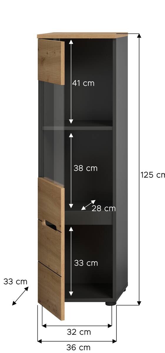 Vitrine Canu basaltgrau Nachbildung Artisan Oak Nachbildung B/H/T: ca. 36x125x33 cm