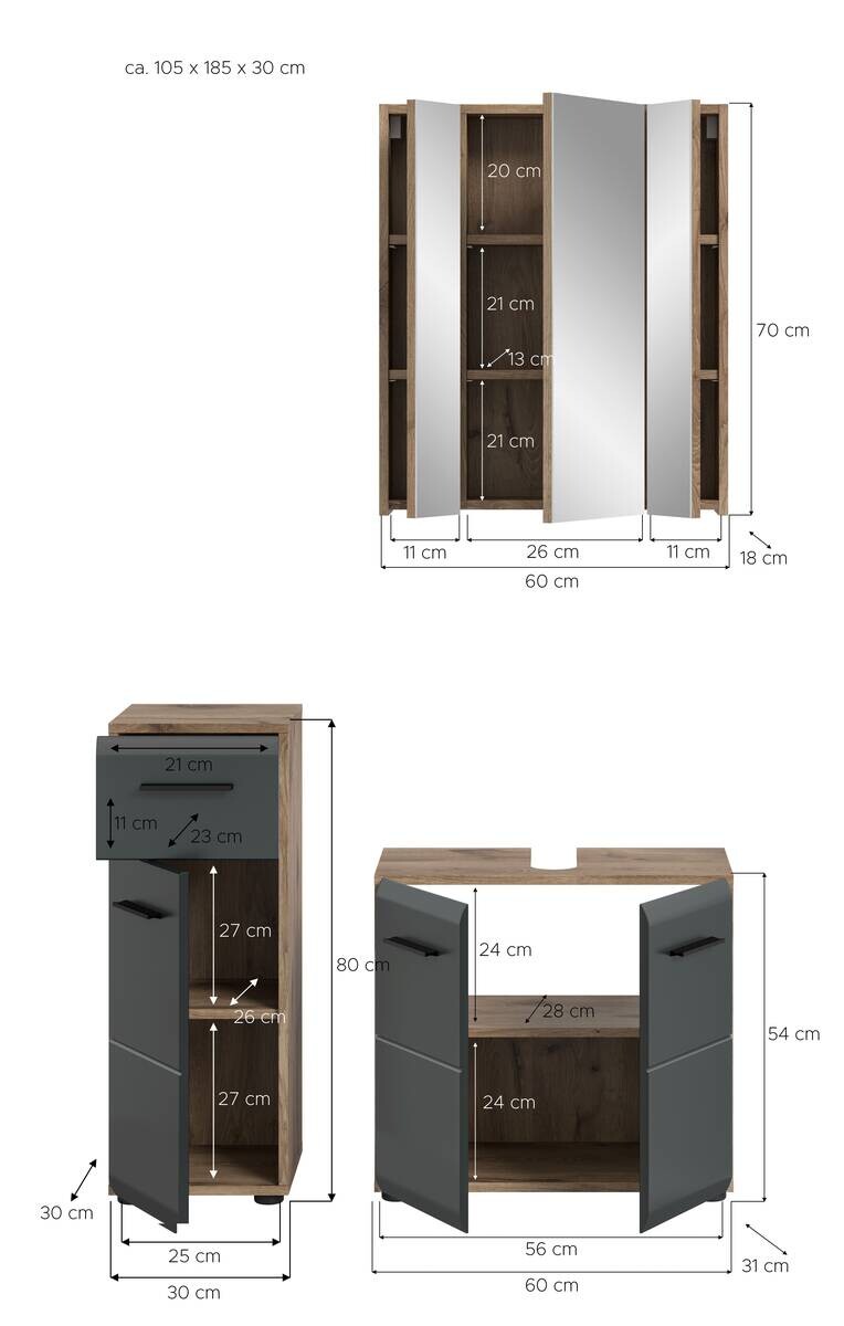 Badezimmer-Set Ice Nox Oak Nachbildung schwarz matt B/H/T: ca. 105x185x30 cm