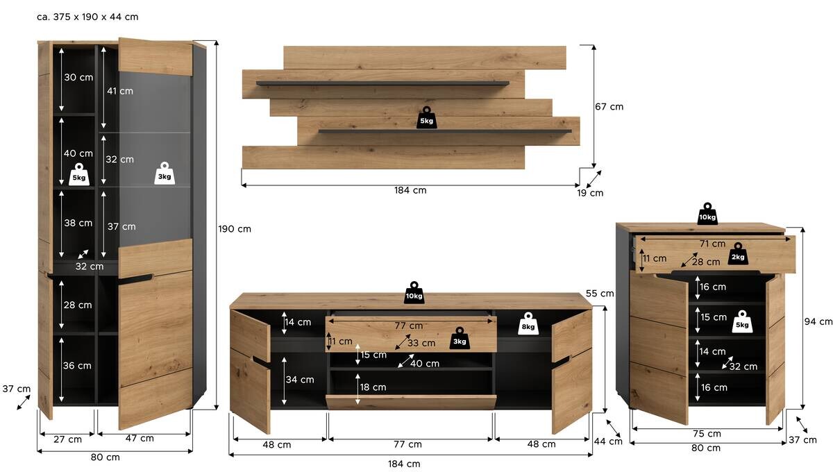 Wohnwand Canu basaltgrau Nachbildung Artisan Oak Nachbildung B/H/T: ca. 375x190x44 cm