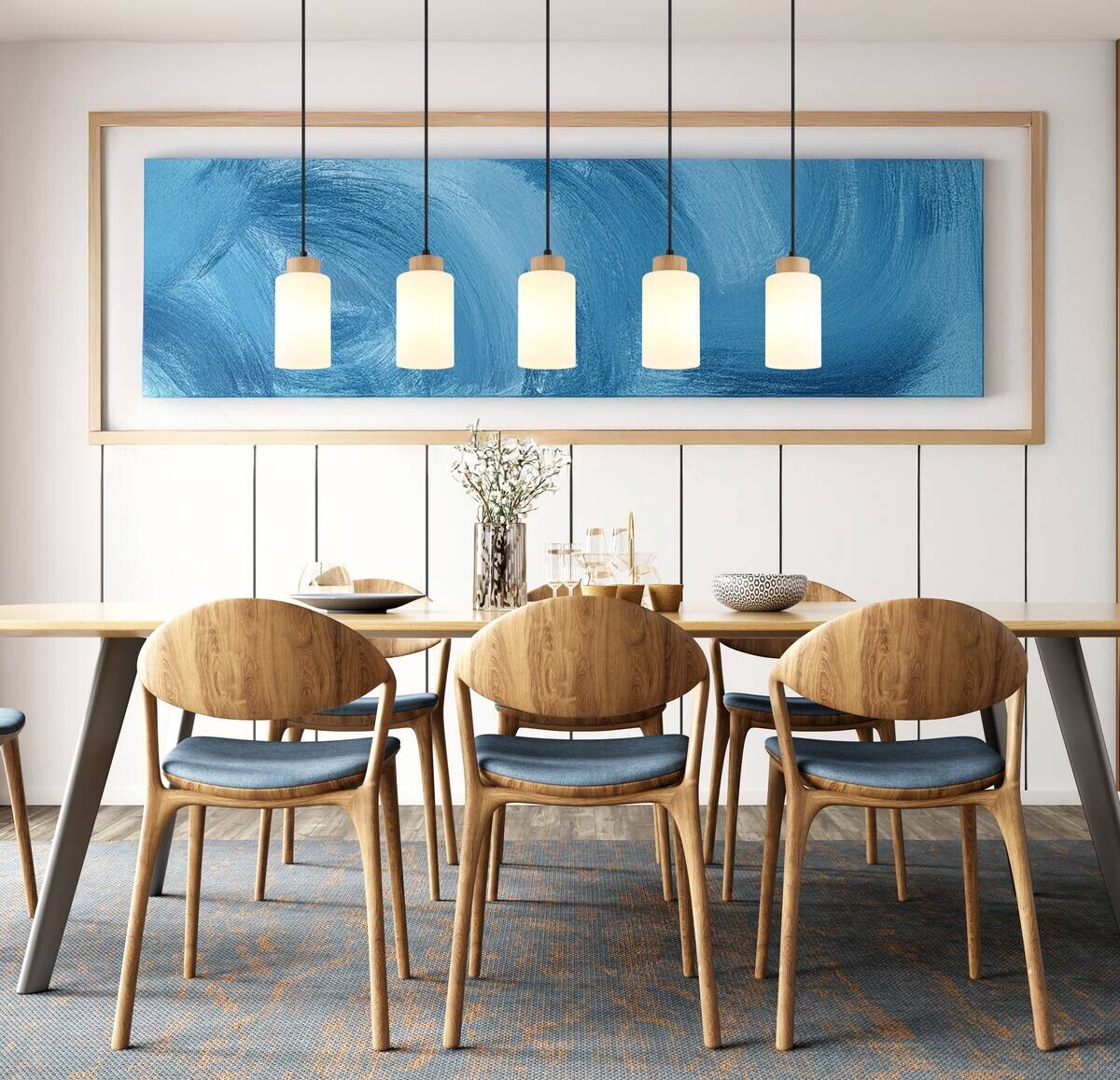 GLOBO Pendelleuchte Opal braun Holz Glas B/H/T: ca. 10x120x100 cm E27 5 Brennstellen