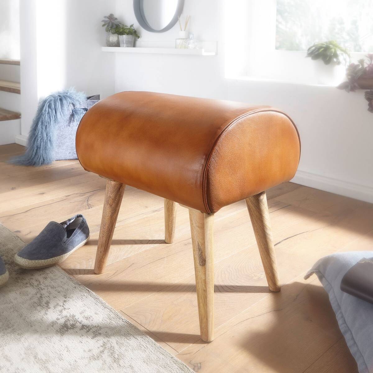 Wohnling Sitzhocker braun natur Leder Echtholz B/H/T: ca. 45x53x40 cm