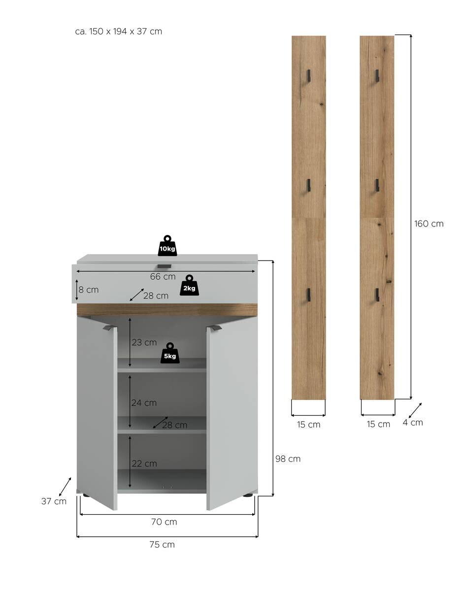 Garderobe Naro weiß Evoke Oak Nachbildung B/H/T: ca. 150x194x37 cm