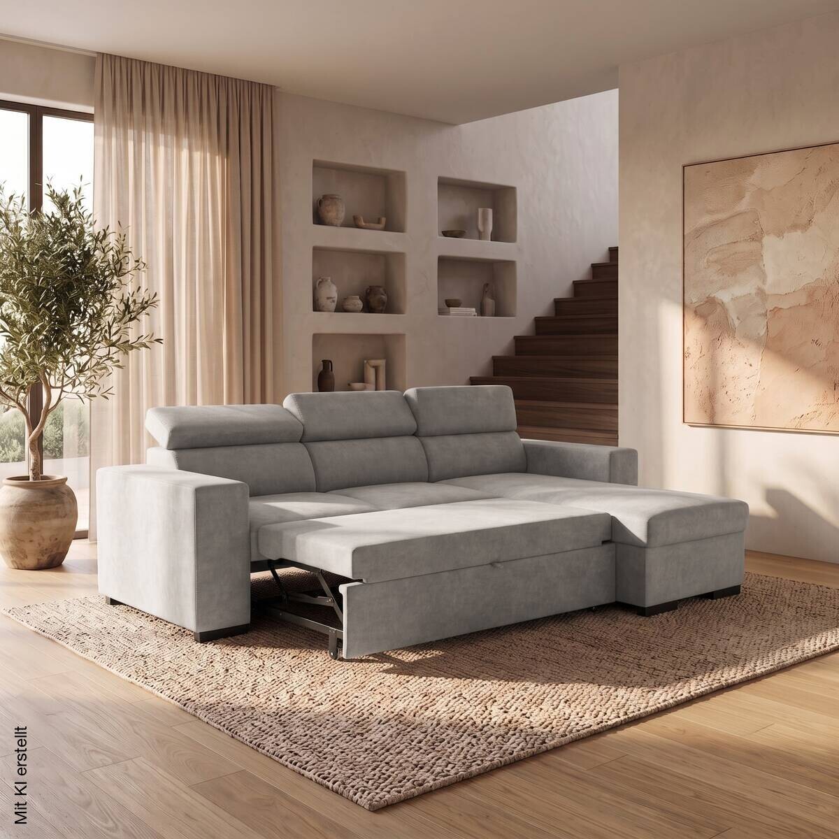 Ecksofa mit Bettfunktion und Bettkasten hellgrau Webstoff B/H/T: ca. 237x88x167 cm