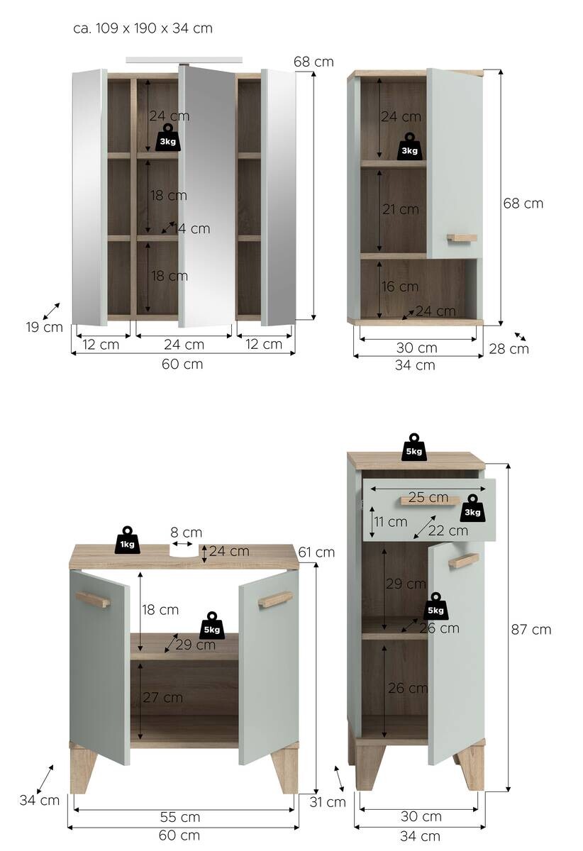 Badezimmer-Set STAR hellgrün Eiche hell Nachbildung B/H/T: ca. 109x190x34 cm