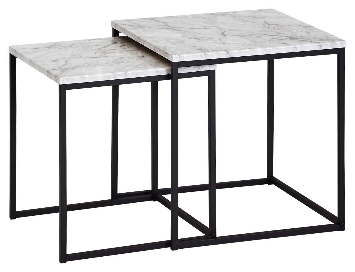 Beistelltisch 2er-Set. weiß Marmor Optik schwarz pulverbeschichtet MDF Stahl