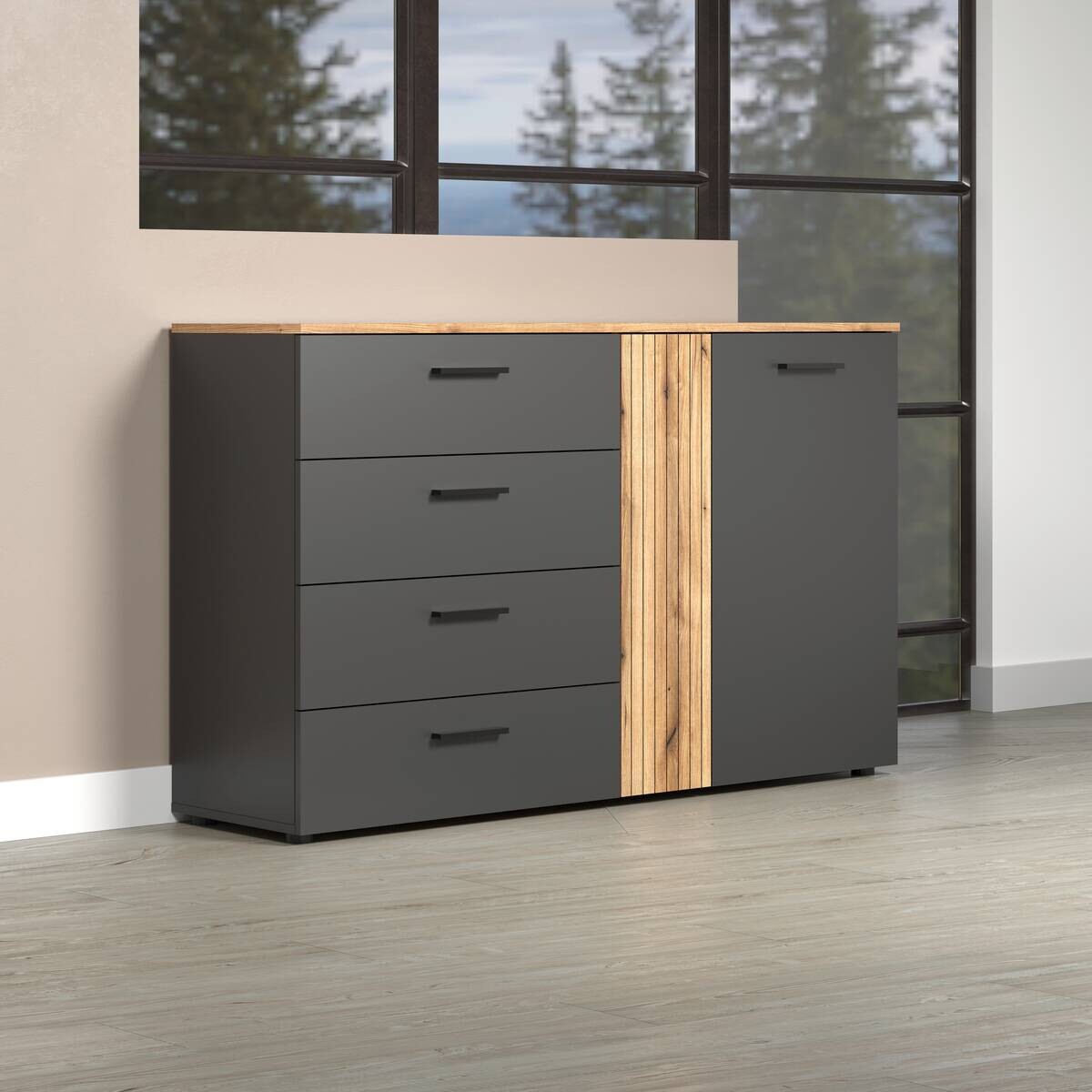 Kommode Esteban anthrazit Eiche Evoke Coast Nachbildung B/H/T: ca. 139x86x38 cm