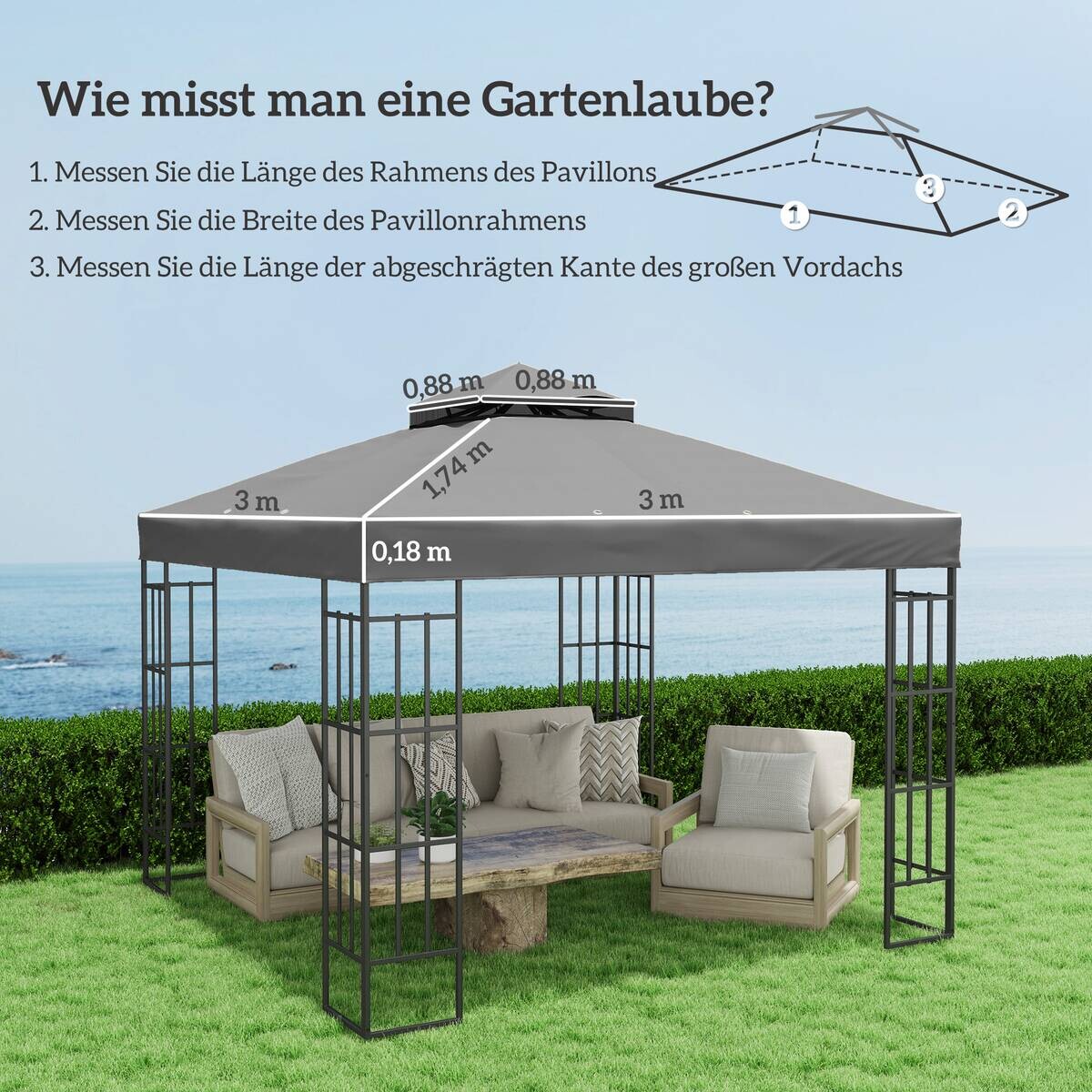 Outsunny Pavillon Ersatzdach dunkelgrau Metall B/H/L: ca. 300x1x300 cm