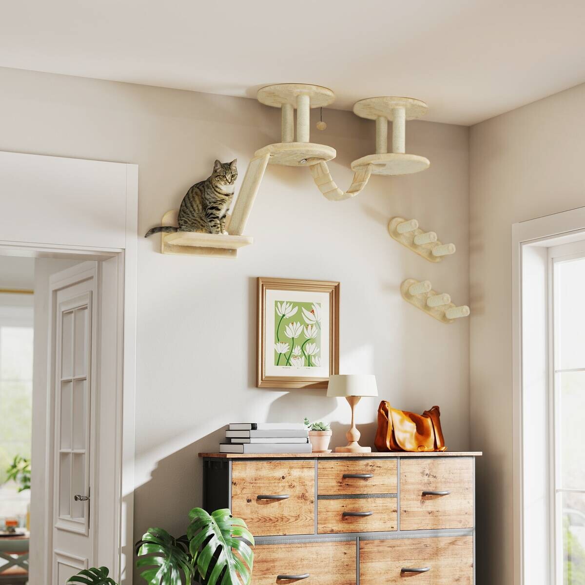 PawHut Katzen Kletterwand Set beige Spanplatte B/H/L: ca. 38,5x83x158 cm