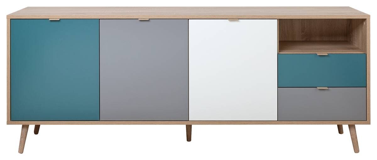 Sideboard Cuba Eiche Sonoma Nachbildung weiß grau petrol B/H/T: ca. 180x71x40 cm | Eiche, Grau, petrol, weiß | 180,00/71,00/40,00 cm