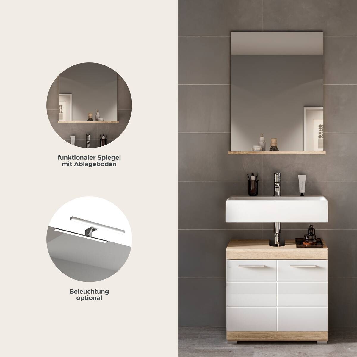 Badezimmer-Set Lambada Eiche Sonoma Nachbildung weiß Hochglanz B/H/T: ca. 60x191x34 cm