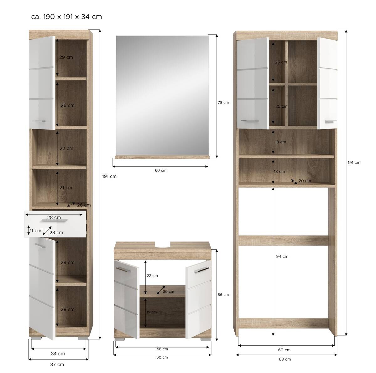 Badezimmer-Set Lambada Eiche Sonoma Nachbildung weiß Hochglanz B/H/T: ca. 190x191x34 cm