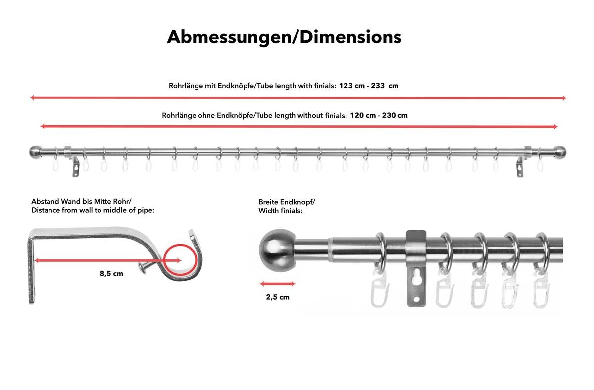 LICHTBLICK Gardinenstange Kugel Edelstahloptik Metall D: ca. 0,2 cm ausziehbar von ca. 120 bis 230 cm 1.0 Läufe