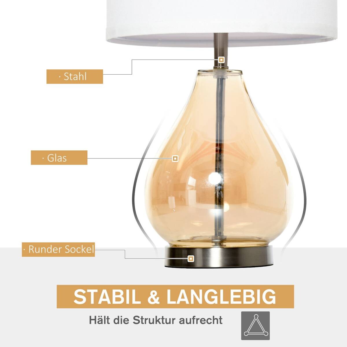HOMCOM 2er-Tischleuchtenset B31-251 goldgelb cremeweiß silber Leinen Stahl Glas B/H/T: ca. 30x56x30 cm E27 1 Brennstellen