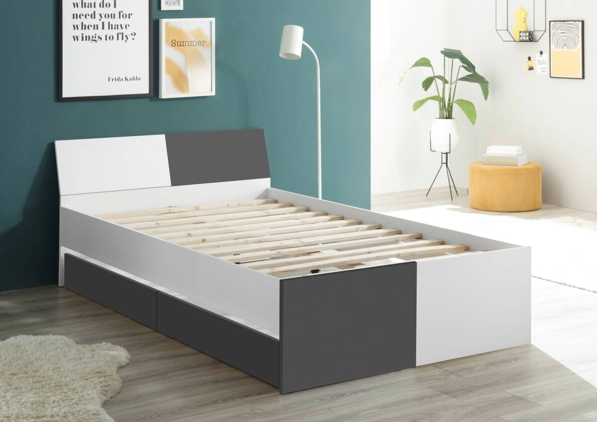 Jugendbett Alex weiß Graphit B/H/T: ca. 124x73x204 cm Liegefläche B/L: ca. 120x200 cm