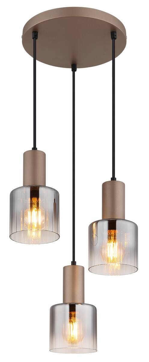 GLOBO Pendelleuchte Walton 3 kaffee Rauch klar Metall Glas H/D: ca. 150x28 cm E27 3 Brennstellen