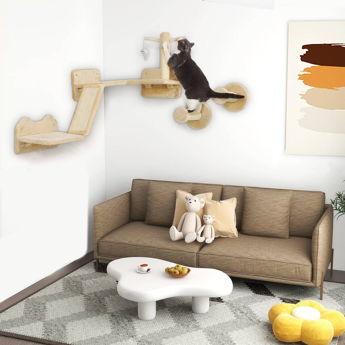 PawHut Katzen Kletterwand Set beige Plüsch B/H/L: ca. 56x73x110 cm
