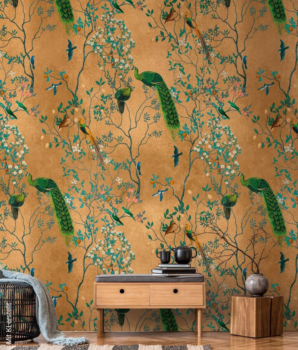 Livingwalls Fototapete Vögel braun bunt grün B/L: ca. 280x159 cm