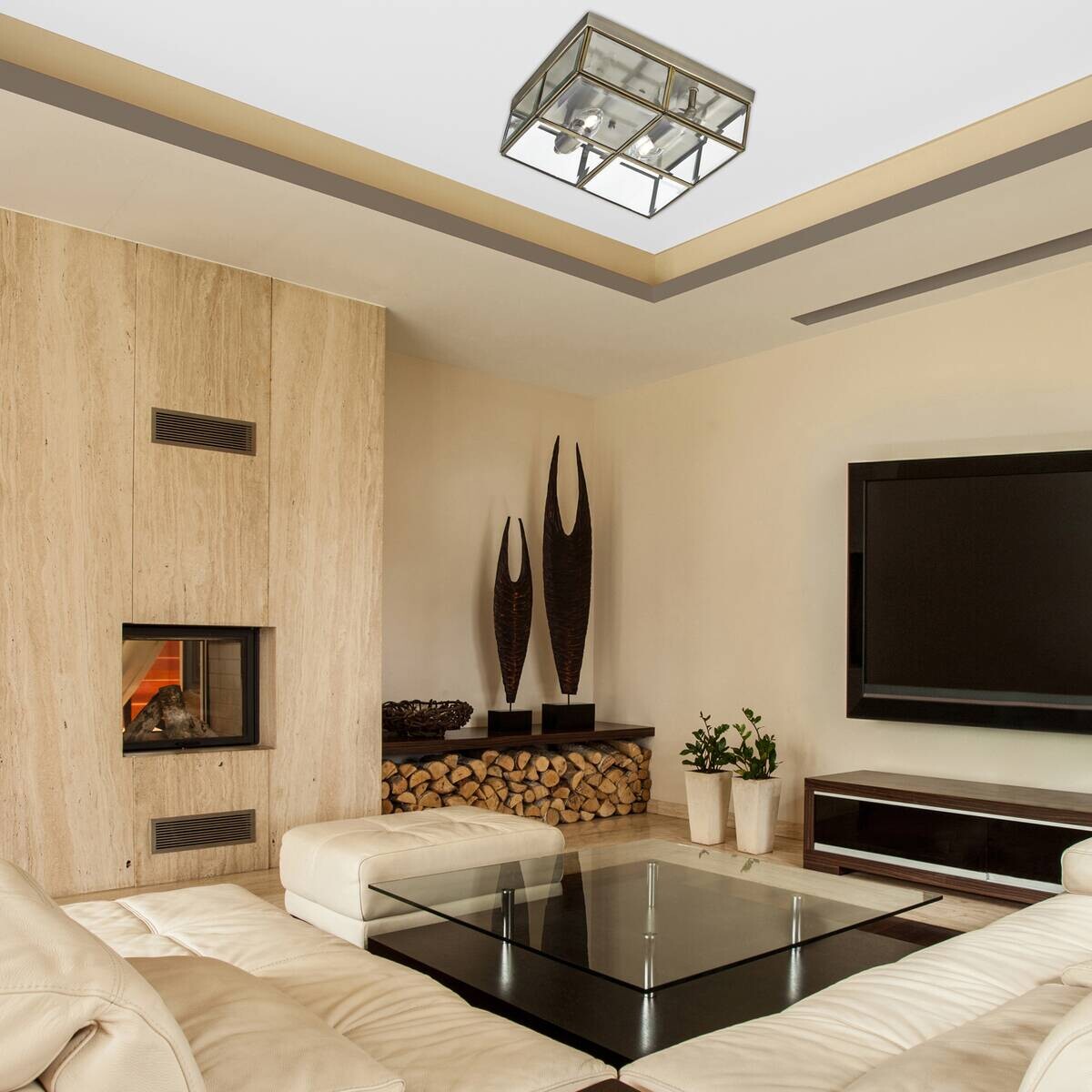 Searchlight Deckenleuchte Pisa messing transparent Stahl Glas B/H/L: ca. 25x10x25 cm E14 2 Brennstellen