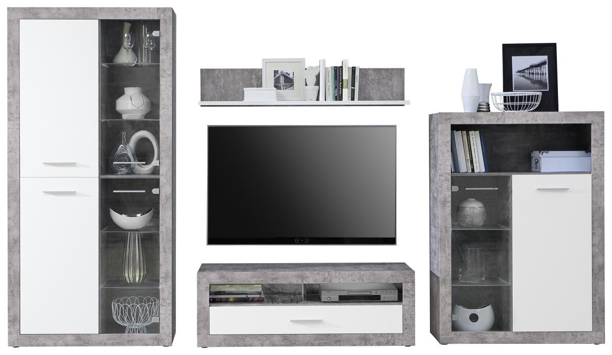 Wohnwand Beton Optik weiß B/H/T: ca. 308x194x41 cm