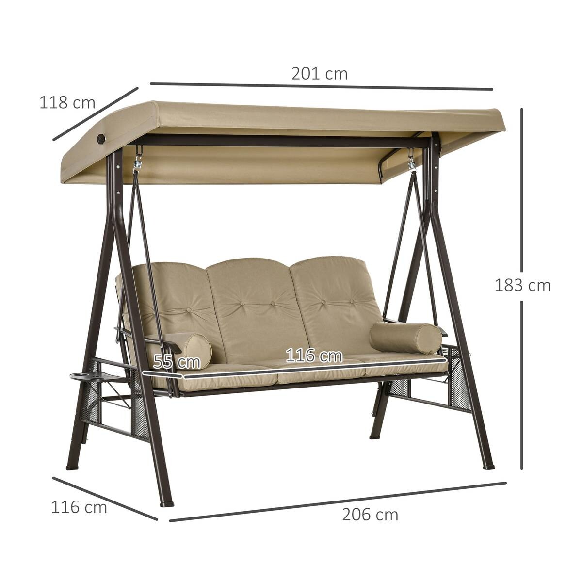 Outsunny Hollywoodschaukel khaki Polyester B/H/L: ca. 206x183x116 cm