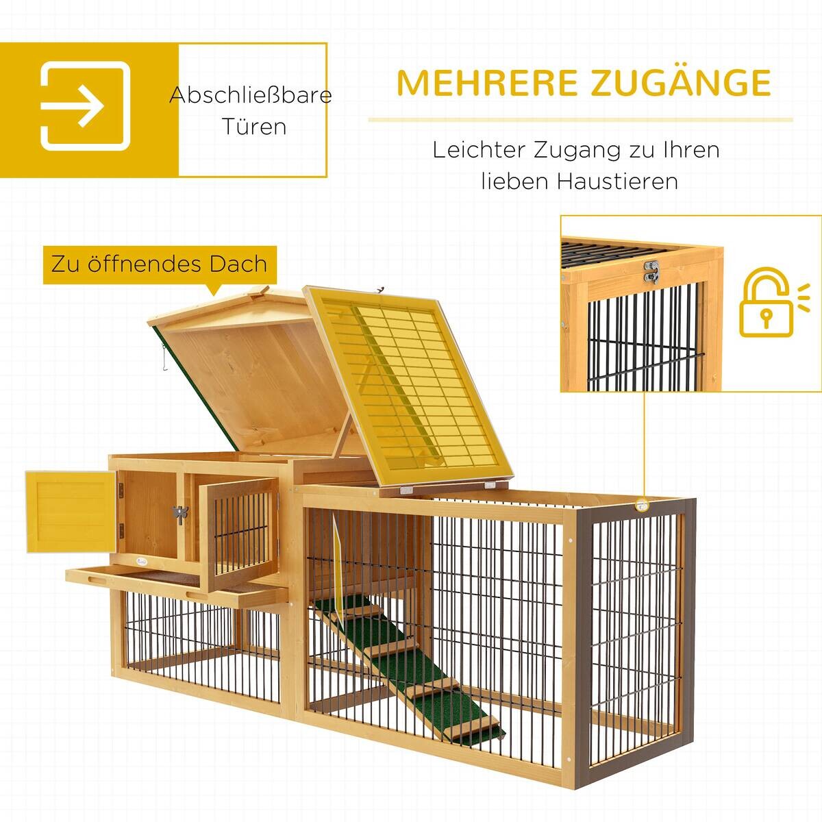 PawHut Kaninchenstall gelb Holz B/H/L: ca. 52x68x150 cm