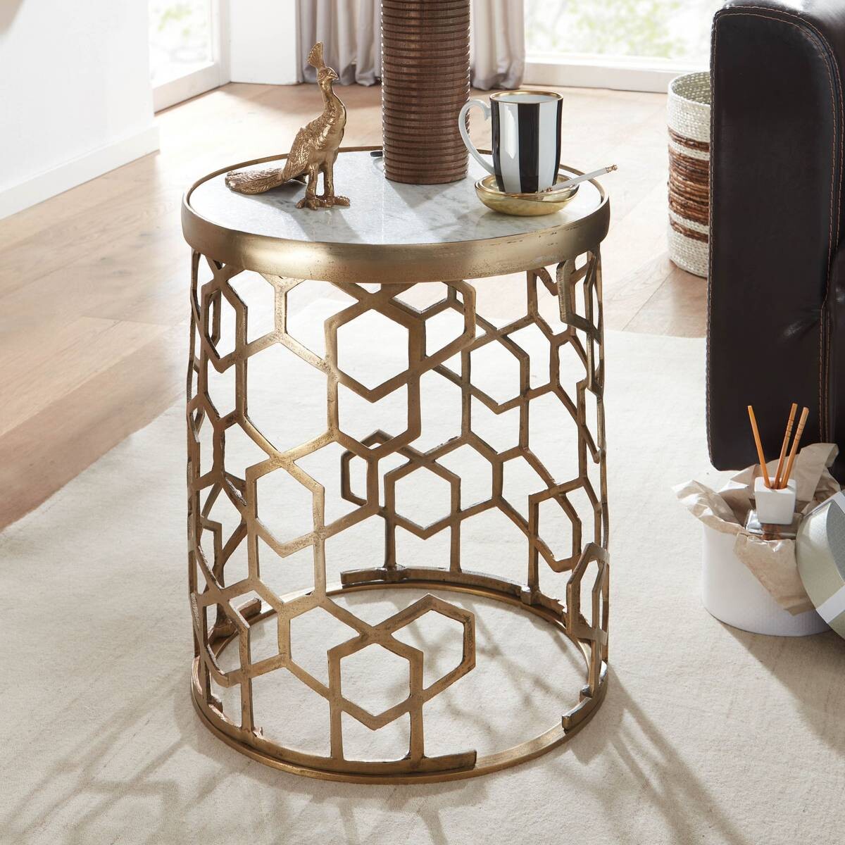 Beistelltisch gold Optik weiß Marmor Optik Aluminium Marmor B/H/T/D: ca. 46x46x55x44 cm