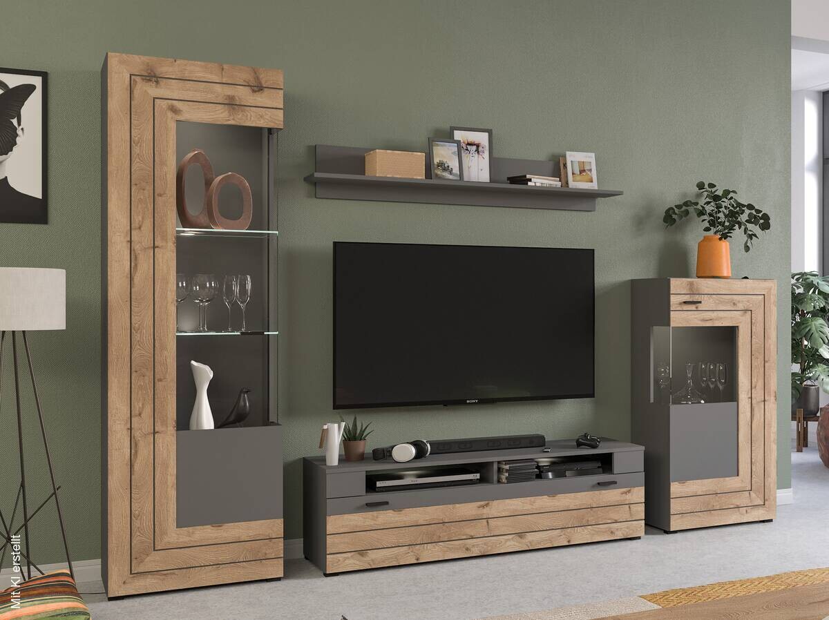 Wohnwand Freno grau matt Eiche Nox Oak Nachbildung B/H/T: ca. 290x194x40 cm