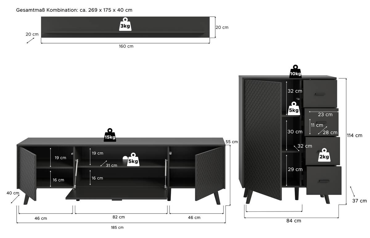 Wohnwand LINEA grau schwarz B/H/T: ca. 269x175x40 cm