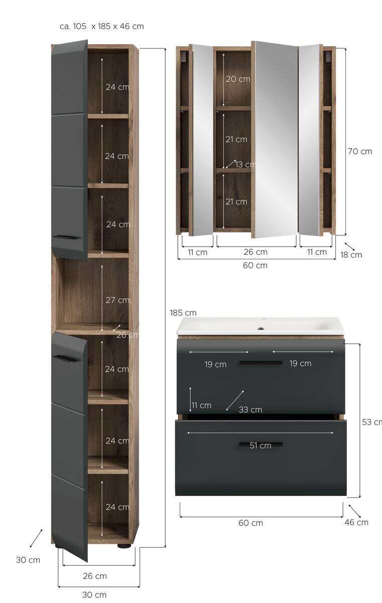 Badezimmer-Set Ice Nox Oak Nachbildung schwarz matt B/H/T: ca. 105x185x46 cm