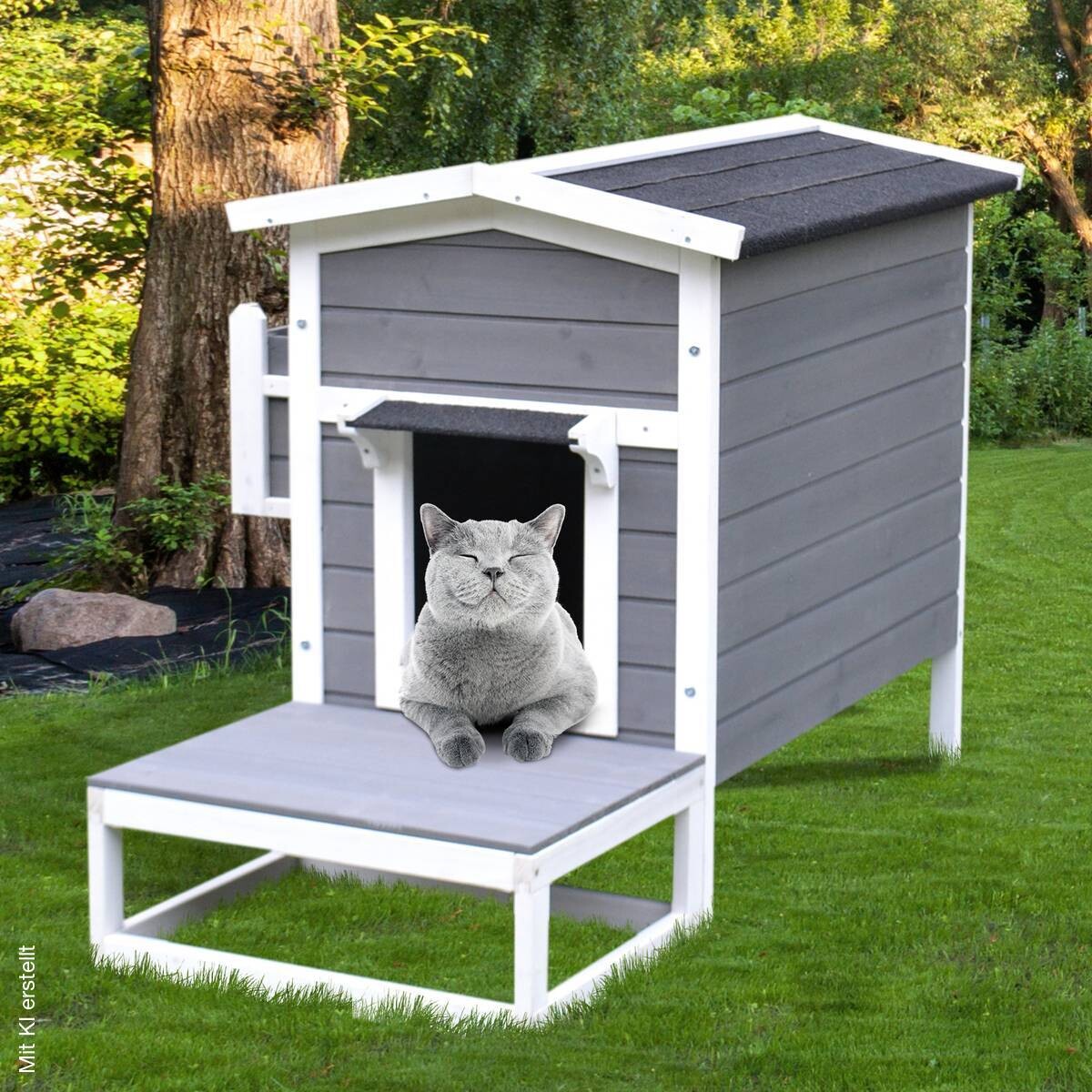 PawHut Katzenhaus grau Holz B/H/L: ca. 67x75x115 cm