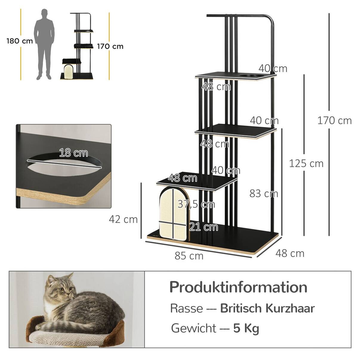 PawHut Kratzbaum schwarz Polypropylen B/H/L: ca. 48x85x170 cm