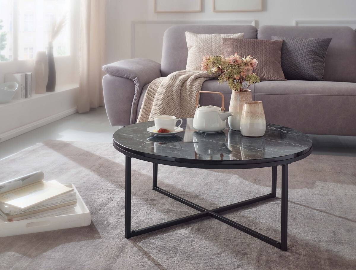Wohnling Couchtisch schwarz Marmor schwarz MDF Stahl B/H/T: ca. 80x35x80 cm