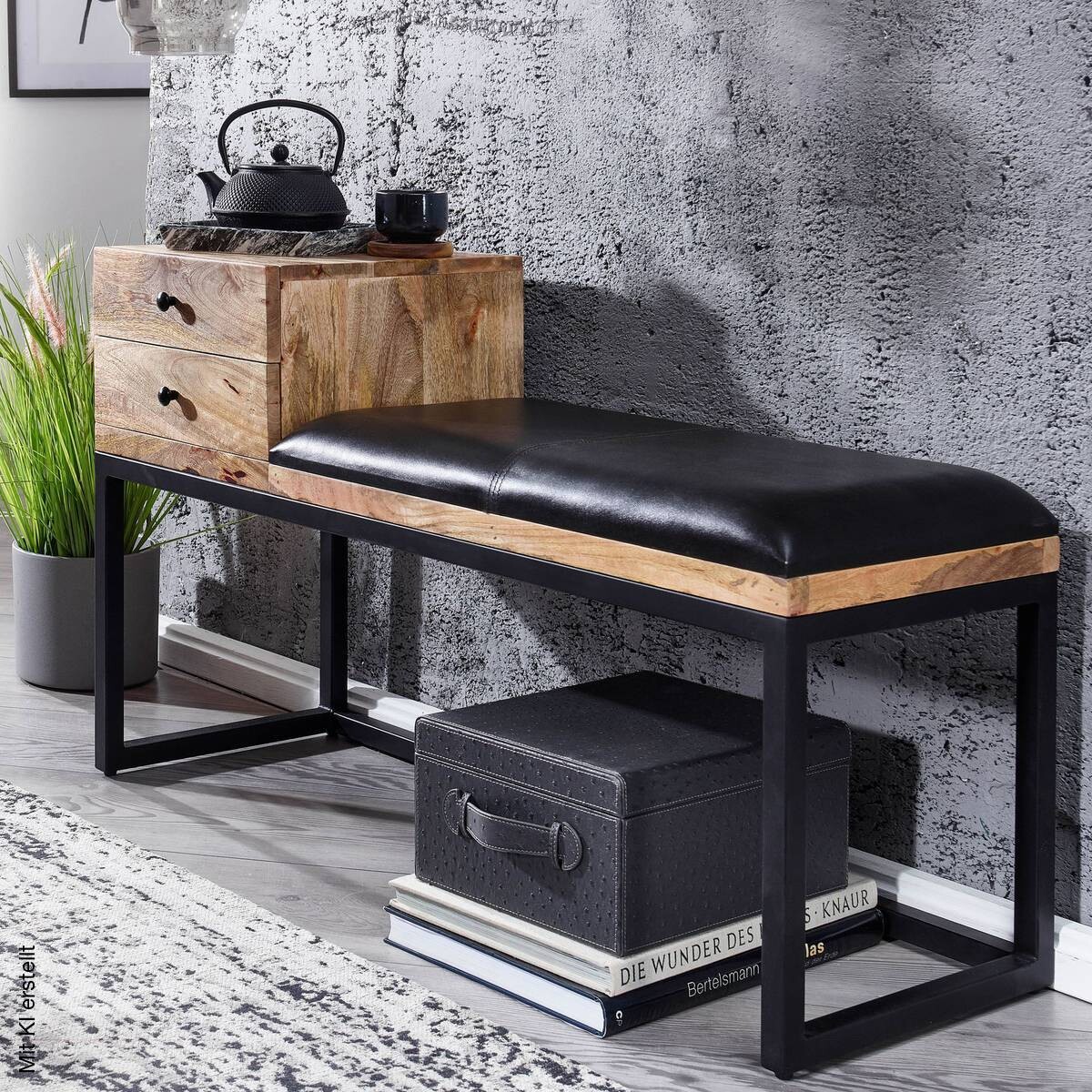 Wohnling Sitzbank natur schwarz schwarz Echtholz Leder Eisen B/H/T: ca. 100x60x35 cm