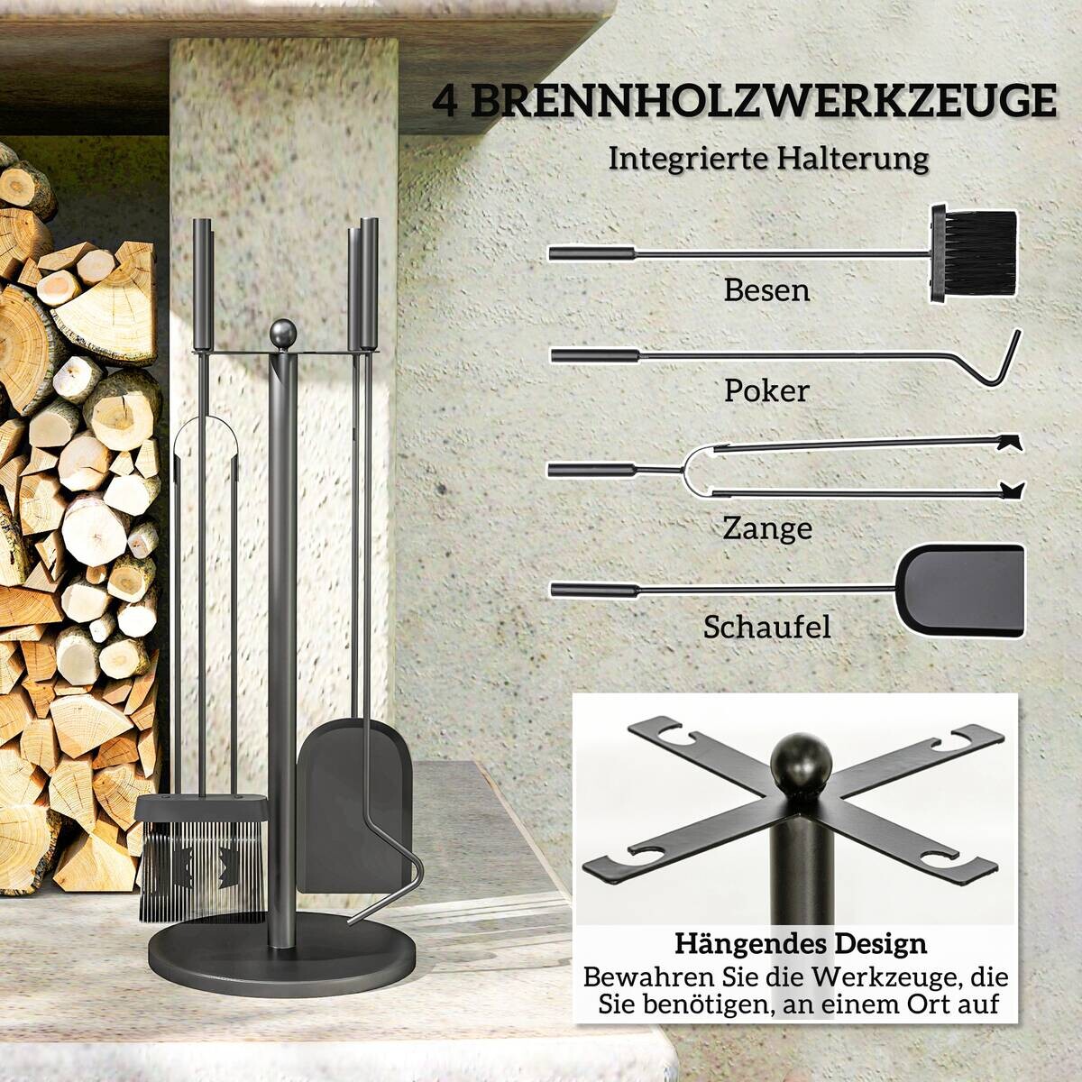 Outsunny Kaminbesteck-Set 5tlg. schwarz B/H/L: ca. 25x54x25 cm