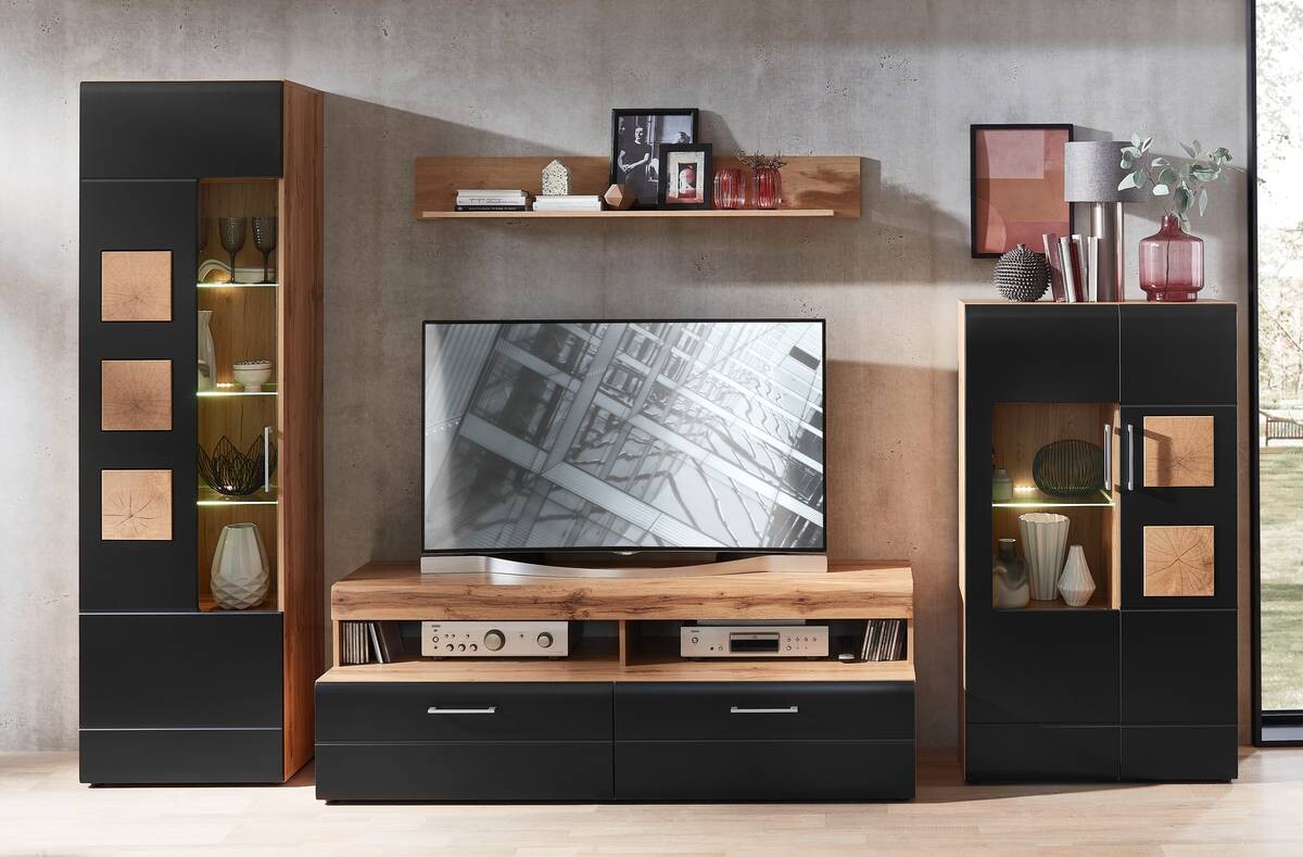 Wohnwand Sonate Eiche Nachbildung schwarz matt B/H/T: ca. 340x208x52 cm