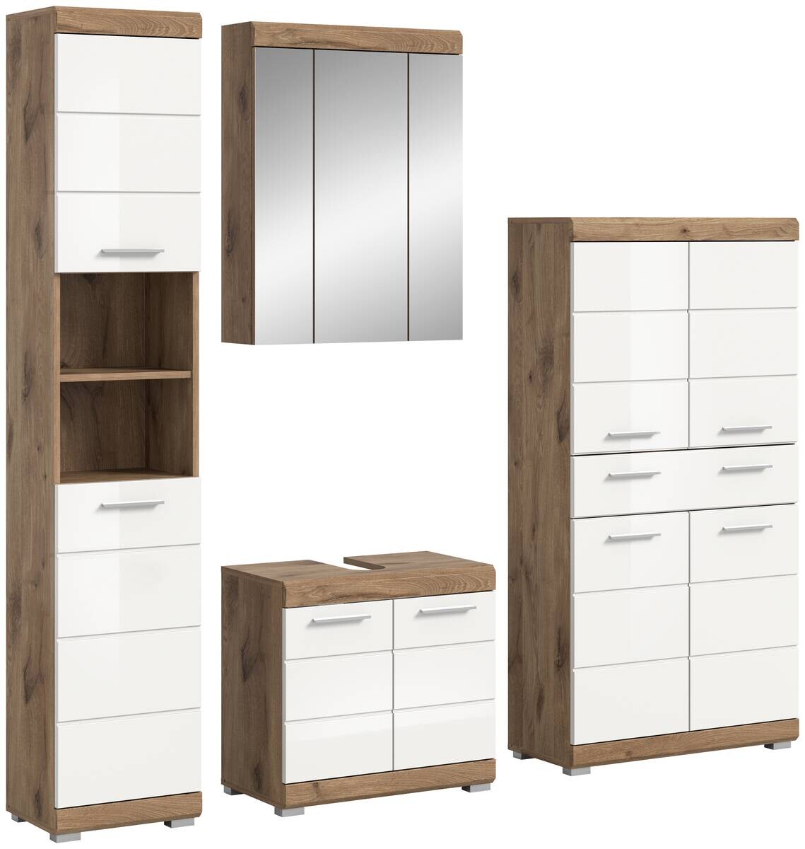Badezimmer-Set Wave weiß Hochglanz Nox Oak Nachbildung B/H/T: ca. 204x191x34 cm