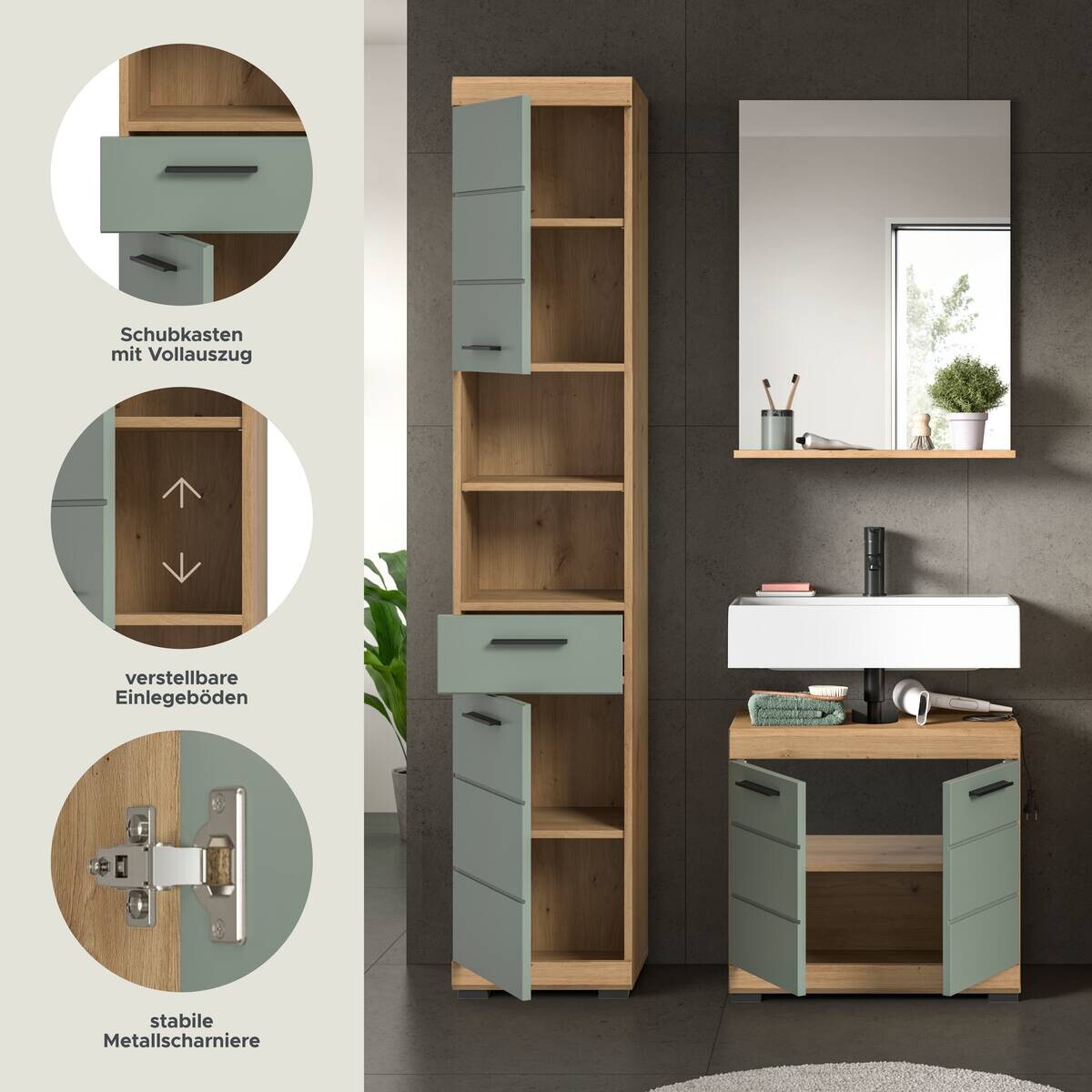 Badezimmer-Set Scout Eiche Artisan Nachbildung salbei Nachbildung B/H/T: ca. 112x191x34 cm