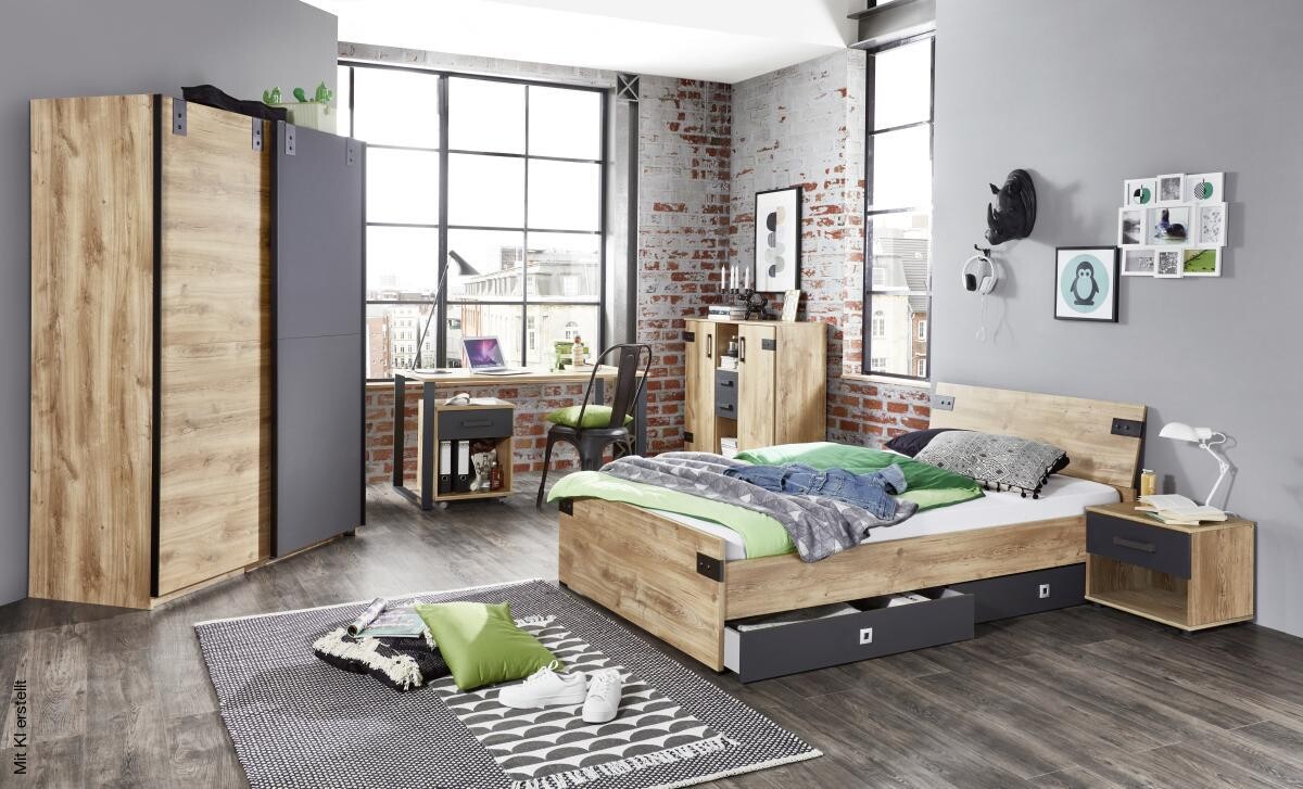 Bett Liverpool Eiche Plankeneiche Nachbildung Graphit B/T: ca. 120x200 cm