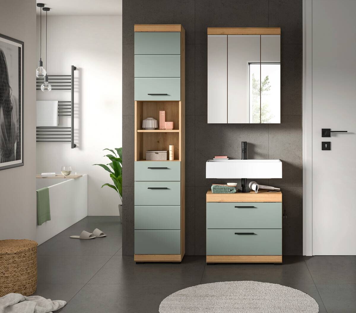 Badezimmer-Set Scout Eiche Artisan Nachbildung salbei Nachbildung B/H/T: ca. 112x191x37 cm