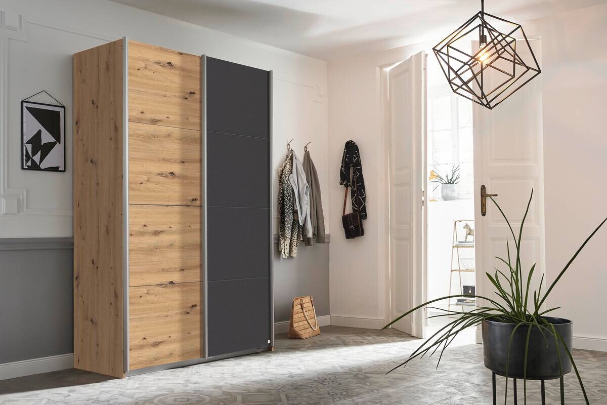Schwebetürenschrank Quadra Eiche Artisan grau B/H/T: ca. 136x210x57 cm